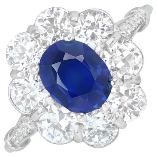 GIA 1.56ct Oval Cut Natural Sapphire Cluster Ring, Diamond Halo, Platinum For Sale