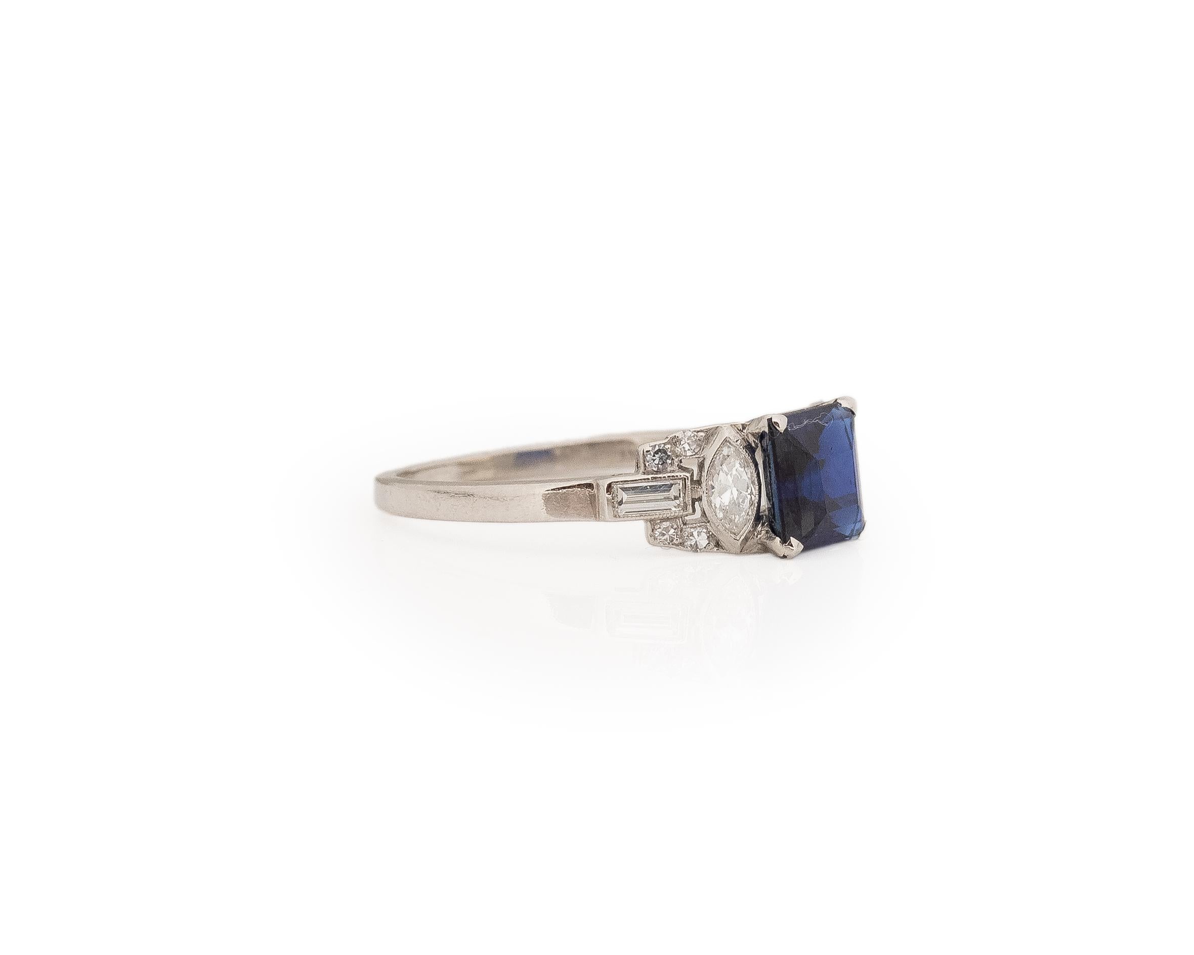 Year: 1920s

Item Details:
Ring Size: 6.75
Metal Type: Platinum [Hallmarked, and Tested]
Weight: 3.2 grams

Diamond Details:

GIA Report#: 2239071614
Weight: 1.57ct total weight
Cut: Square Step Cut
Color: Blue (Unheated, No Treatment)
Type: