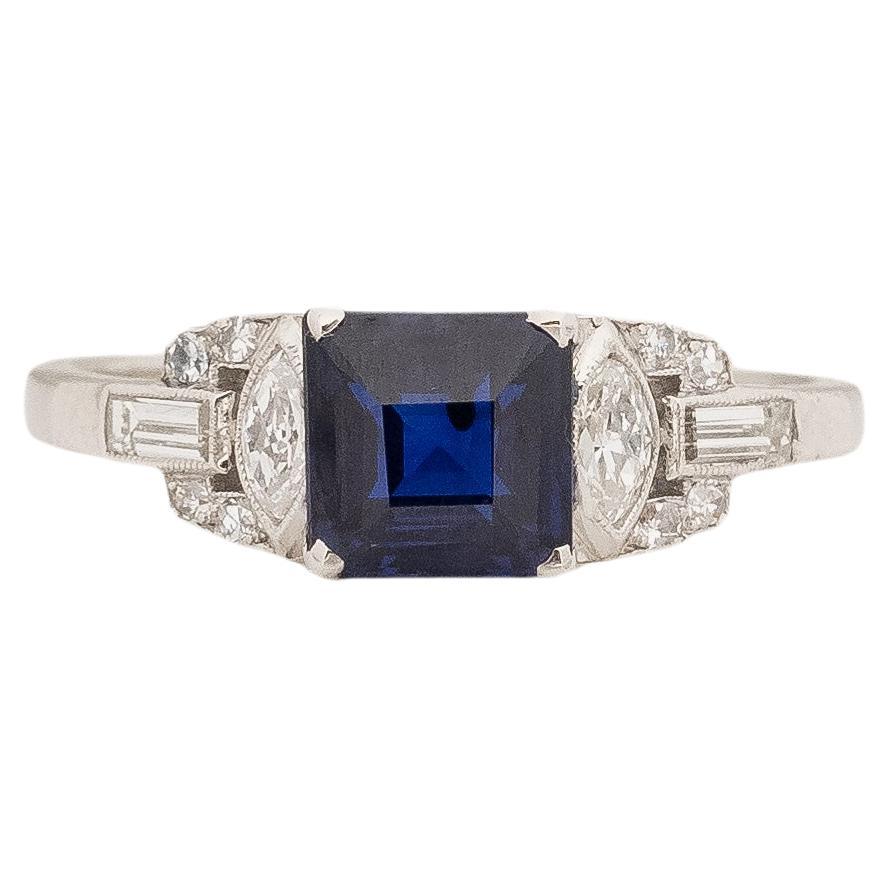 GIA 1.57 Carat Art Deco Sapphire Diamond Platinum Engagement Ring For Sale