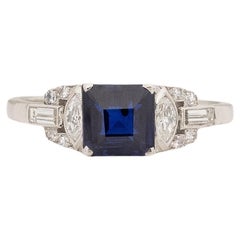 GIA 1.57 Carat Art Deco Sapphire Diamond Platinum Engagement Ring