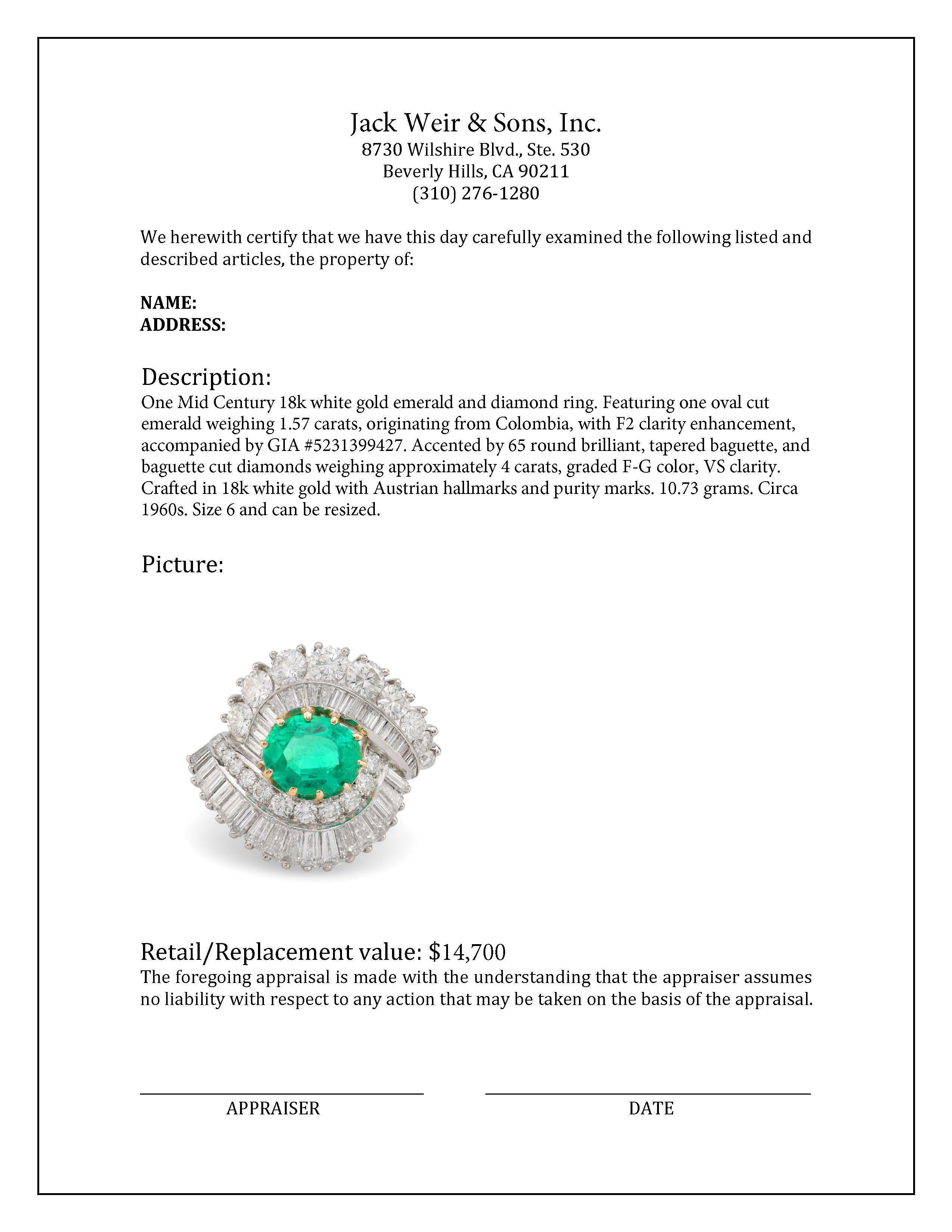 GIA 1.57 carat Colombian emerald diamond 18k white gold cocktail ring In Excellent Condition For Sale In Beverly Hills, CA