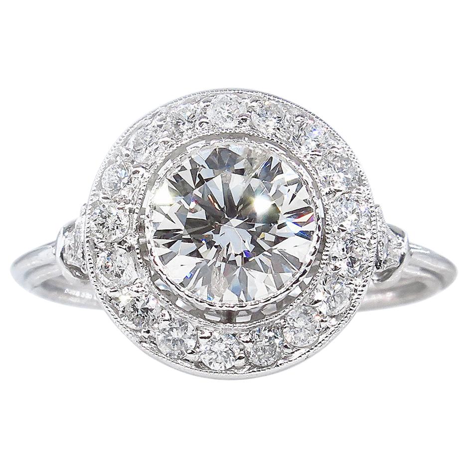 GIA 1.57 Carat Round Diamond Halo Engagement Wedding Platinum Ring