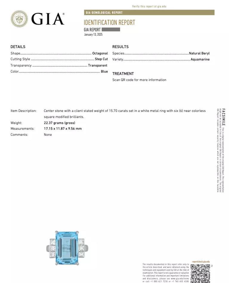 GIA-zertifiziert 15,70 Karat Aquamarin und Diamant-Ring in Platin 

Der Aquamarin- und Diamantring besteht aus einem GIA-zertifizierten Aquamarin im Smaragdschliff mit einem Gewicht von 15,70 Karat, der von sechs Diamanten im Prinzessinnenschliff