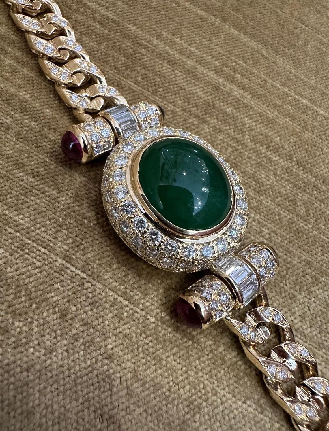Cabochon GIA 15.71 carat Jade and Diamond Curb Link Bracelet in 18k Yellow Gold For Sale