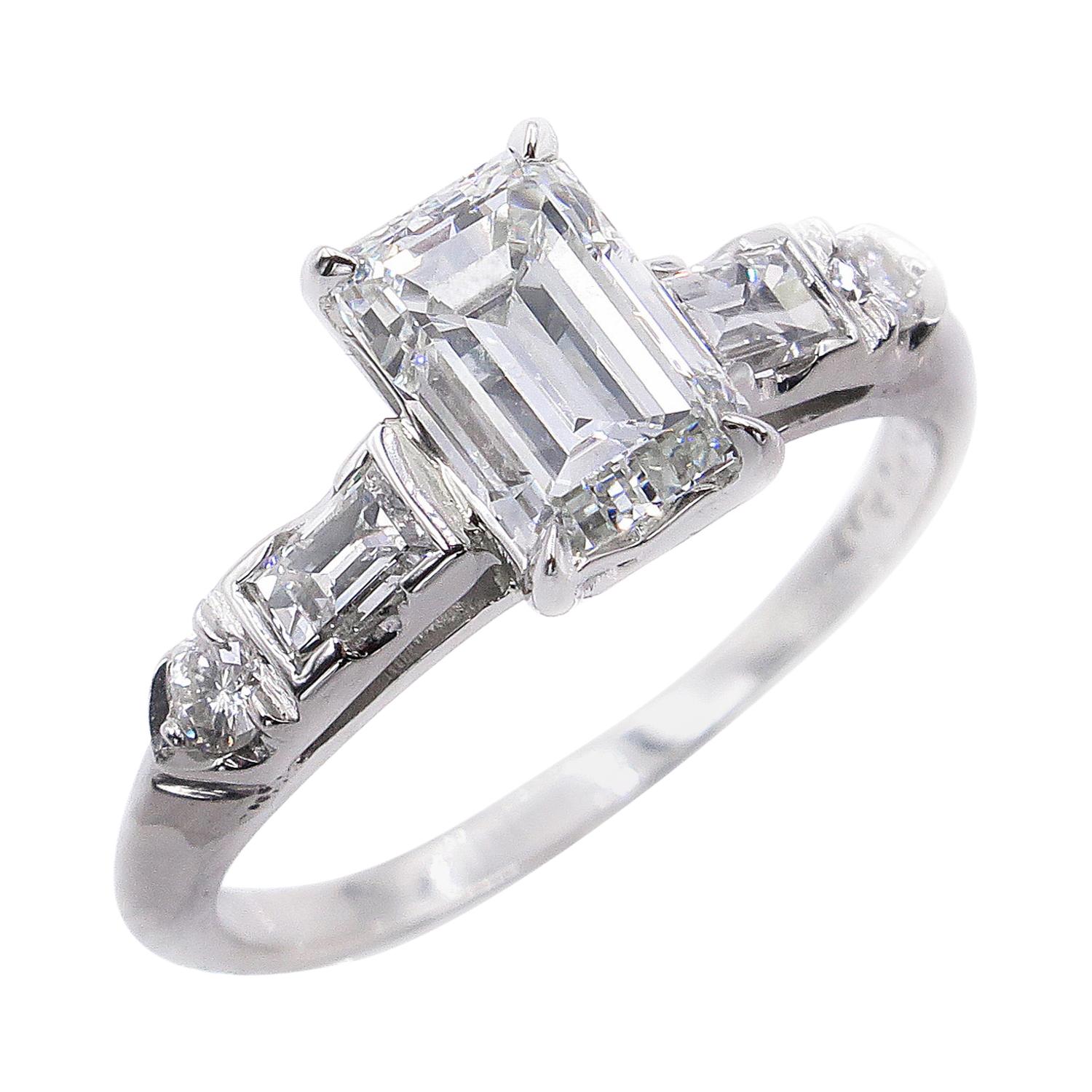 GIA 1.58 Carat Deco Emerald Cut Diamond Engagement Wedding Platinum Ring