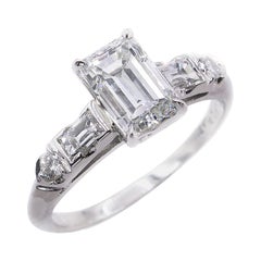 Vintage GIA 1.58 Carat Deco Emerald Cut Diamond Engagement Wedding Platinum Ring