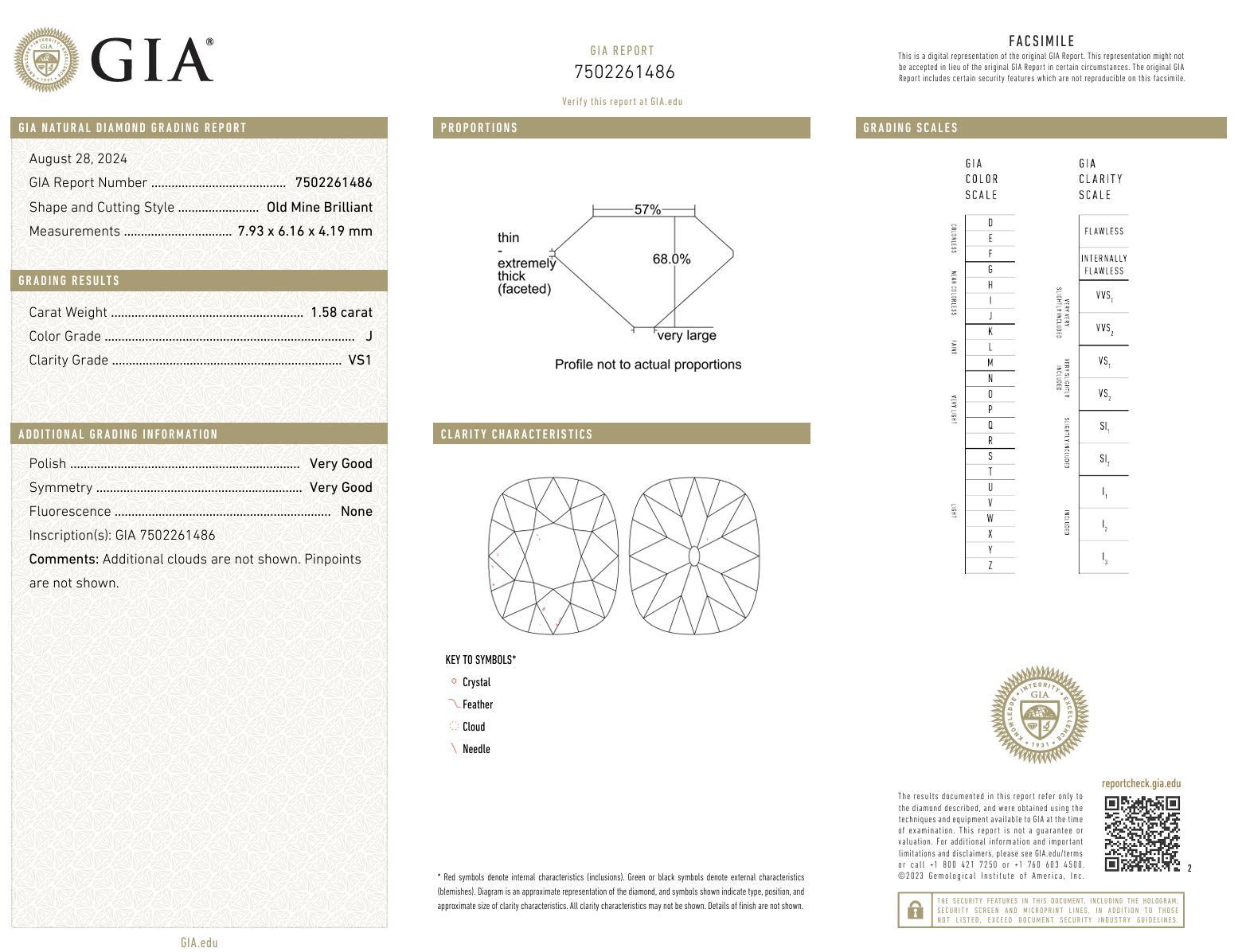 Platin-Verlobungsring mit GIA 1,58 Karat Diamant im alten Minenschliff im Zustand „Hervorragend“ im Angebot in Beverly Hills, CA