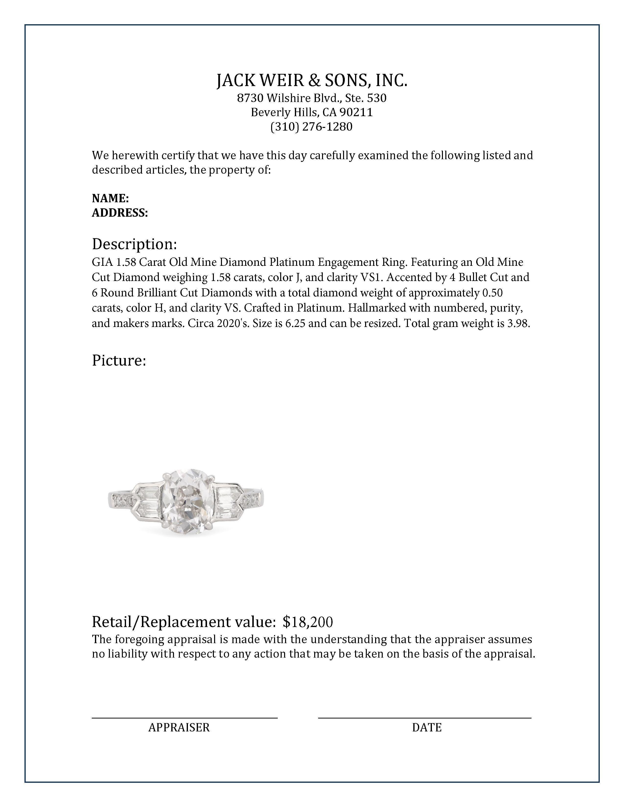 Women's or Men's GIA 1.58 Carat Old Mine Diamond Platinum Engagement Ring For Sale