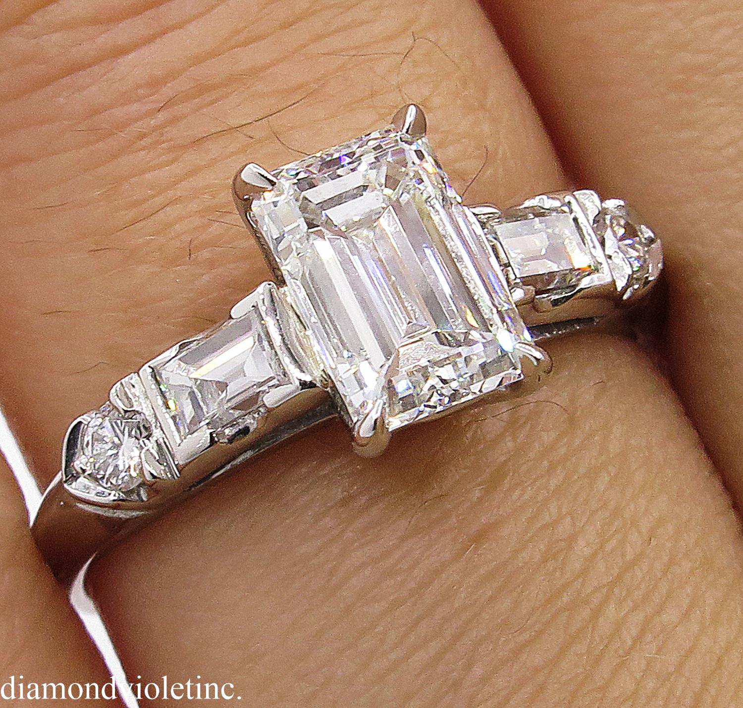 GIA 1.58 Carat Deco Emerald Cut Diamond Engagement Wedding Platinum Ring 5