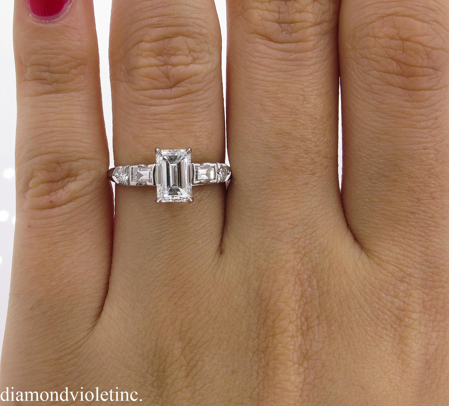 GIA 1.58 Carat Deco Emerald Cut Diamond Engagement Wedding Platinum Ring 7