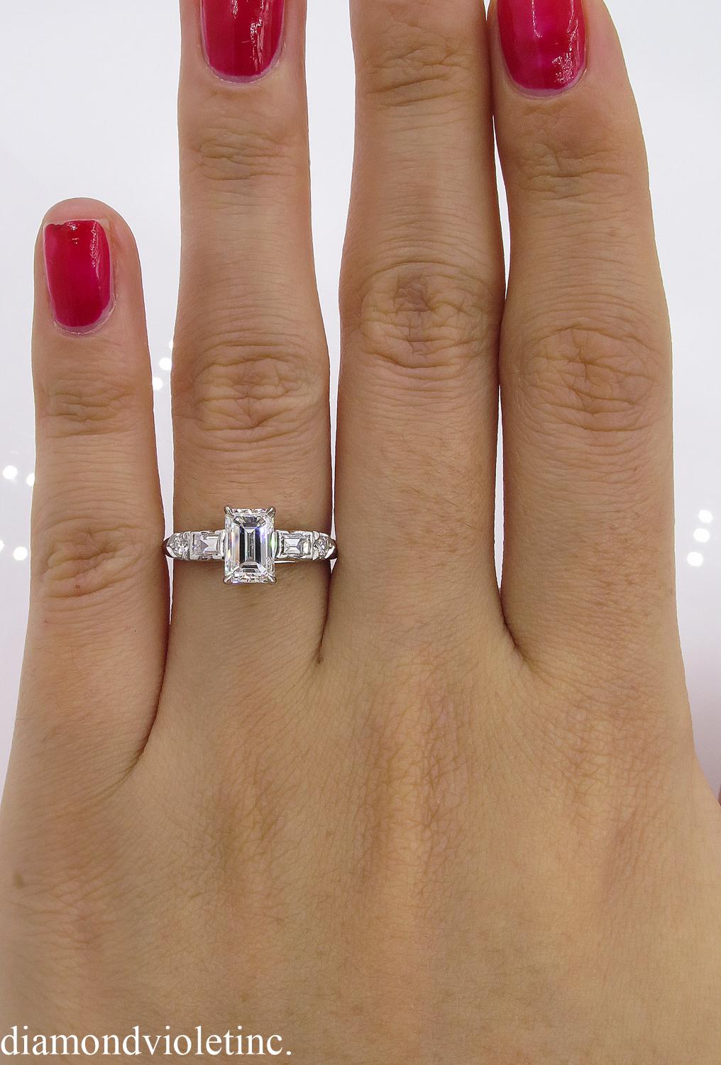 GIA 1.58 Carat Deco Emerald Cut Diamond Engagement Wedding Platinum Ring 8