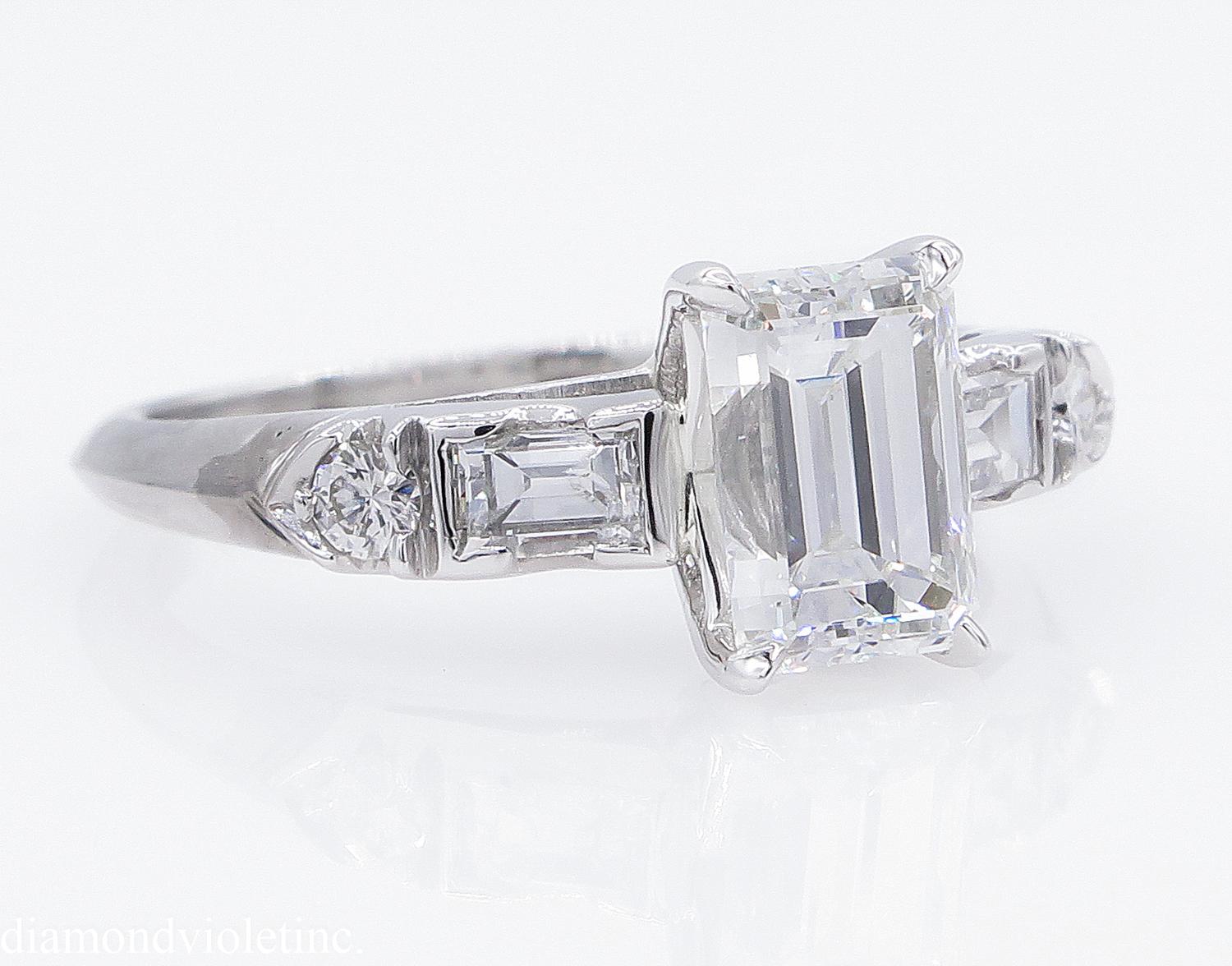 Art Deco GIA 1.58 Carat Deco Emerald Cut Diamond Engagement Wedding Platinum Ring
