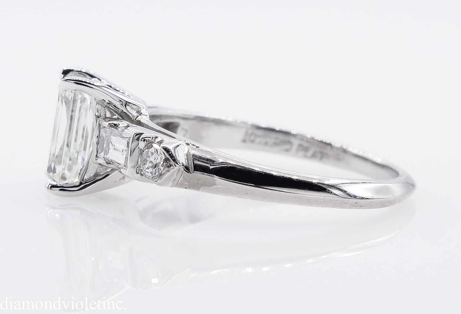 GIA 1.58 Carat Deco Emerald Cut Diamond Engagement Wedding Platinum Ring 1