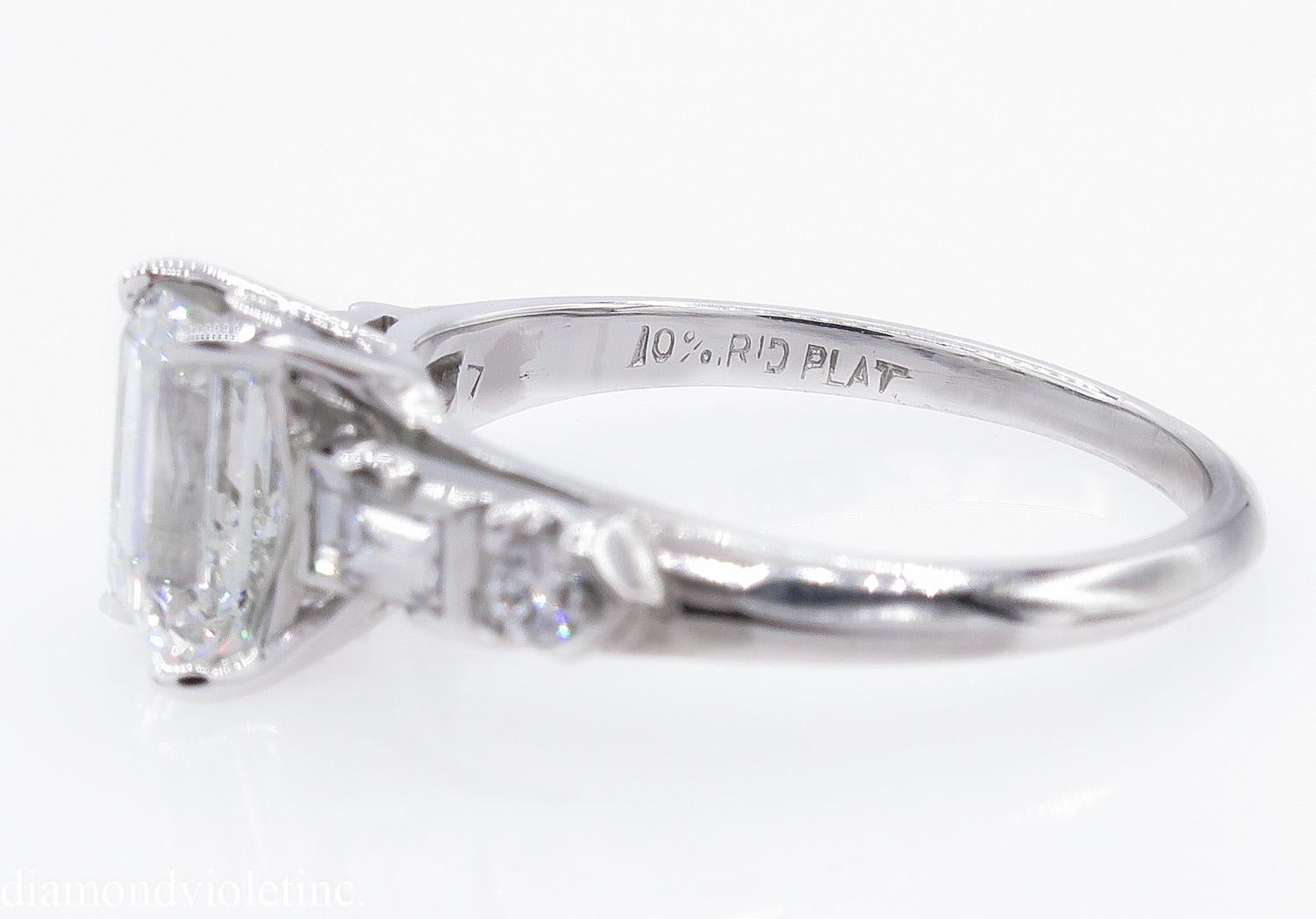 GIA 1.58 Carat Deco Emerald Cut Diamond Engagement Wedding Platinum Ring 2