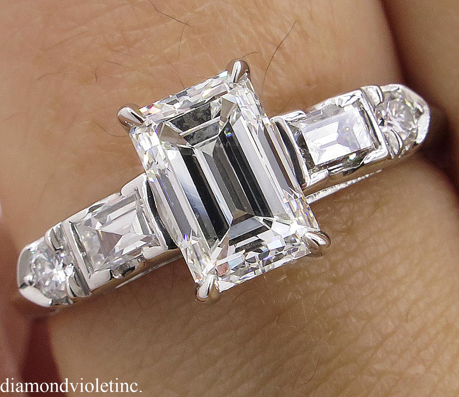 GIA 1.58 Carat Deco Emerald Cut Diamond Engagement Wedding Platinum Ring 4