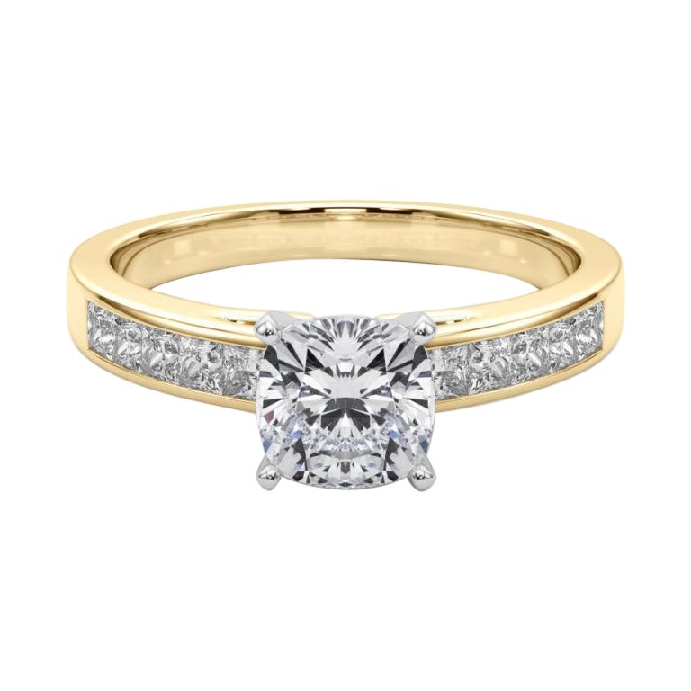 GIA 1,5ct Cuscino Principessa Canale Solitario Centro Anello di Diamanti in Oro Giallo