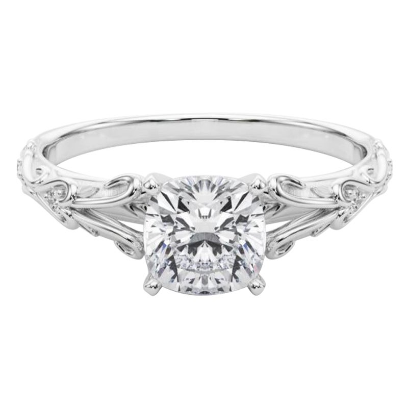 GIA 1,5ct Cushion Vintage 3-Stone Heart & Vine Anello con diamanti in oro bianco 18K