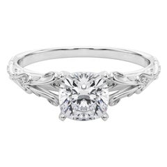 GIA 1.5ct Cushion Vintage 3-Stone Heart & Vine 18K White Gold Diamond Ring