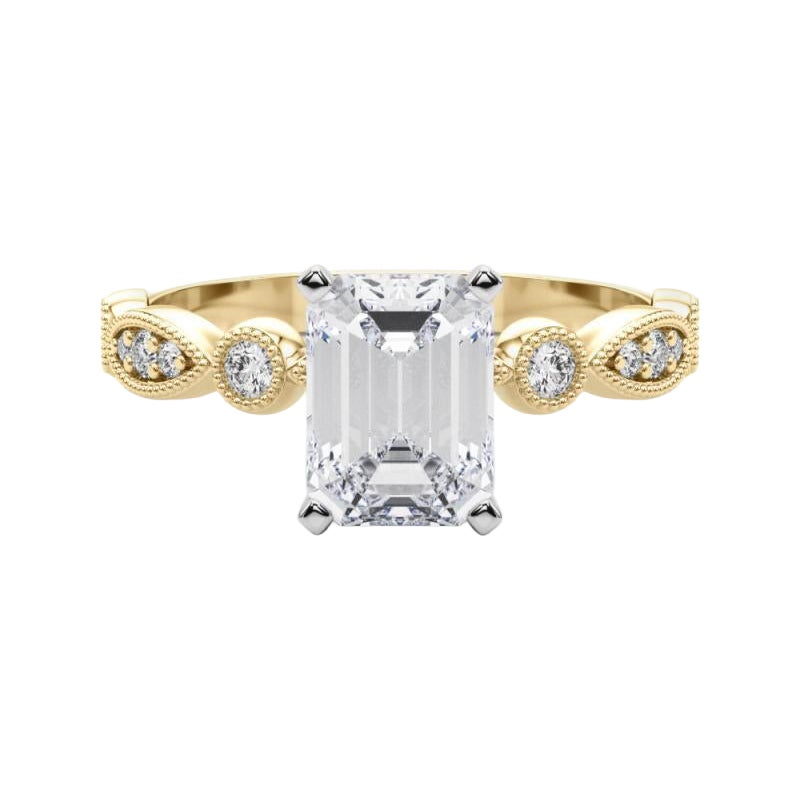 GIA 1.5ct Emerald Marquise & Round Milgrain Bezel Yellow Gold Diamond Ring