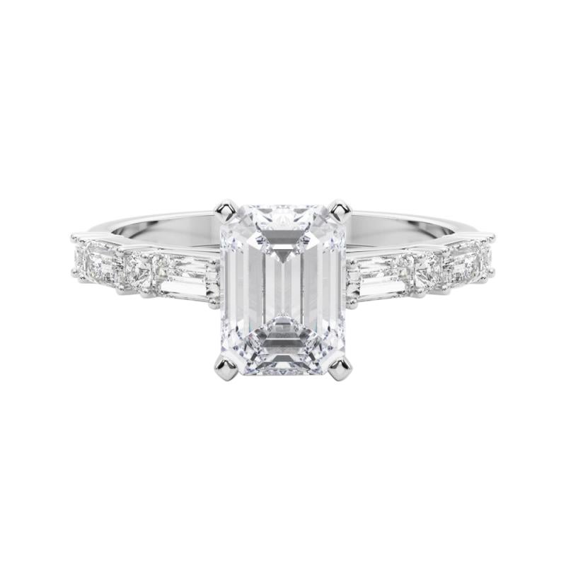 GIA 1.5ct Emerald Round
Baguette Channel Band 18K White Gold Diamond Ring