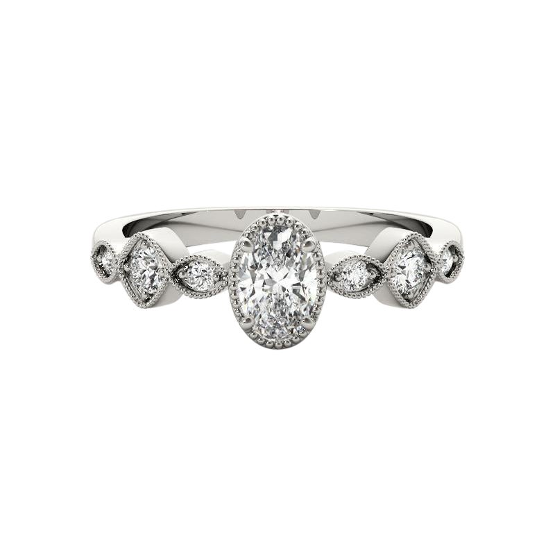 GIA Anillo de diamantes de oro blanco de 18 quilates, engastado en bisel oval de 1,5 quilates, con varias piedras milgrain