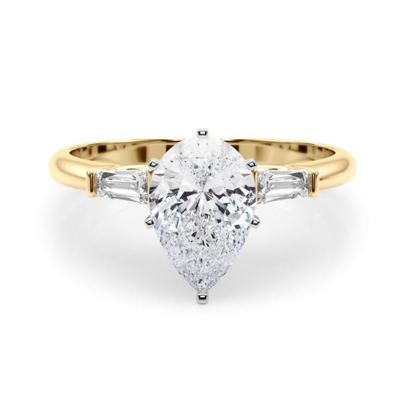 GIA Anello di diamanti in oro giallo 18 carati con tre pietre a pera e baguette affusolata da 1,5 carati in vendita 1