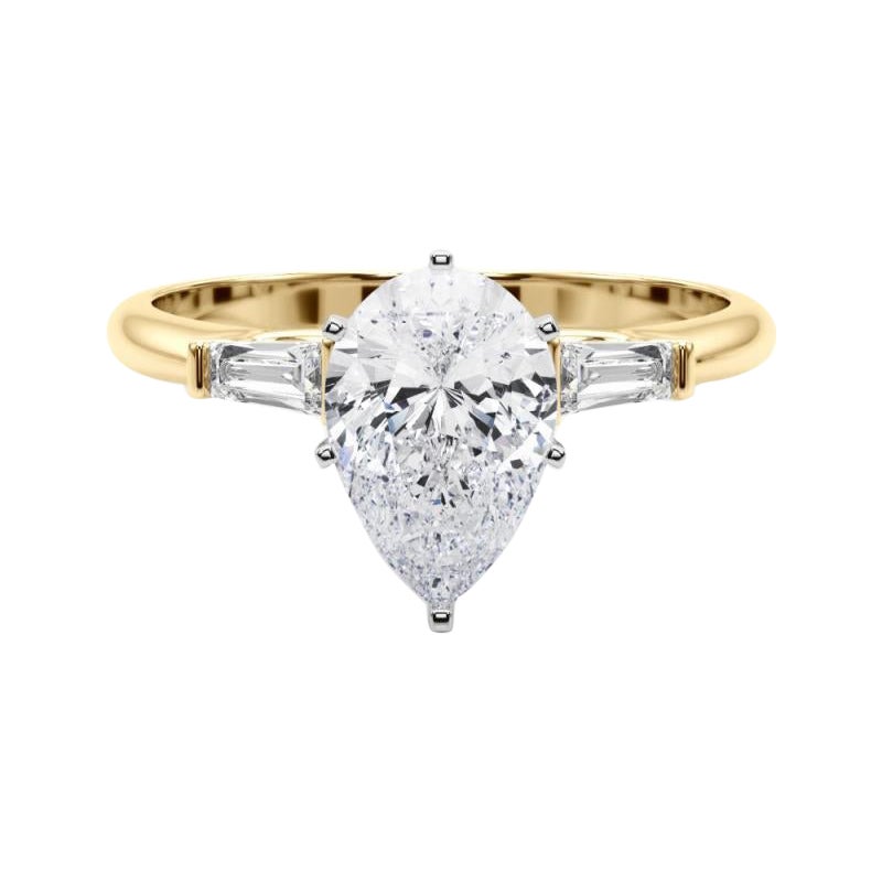 GIA Anello di diamanti in oro giallo 18 carati con tre pietre a pera e baguette affusolata da 1,5 carati
