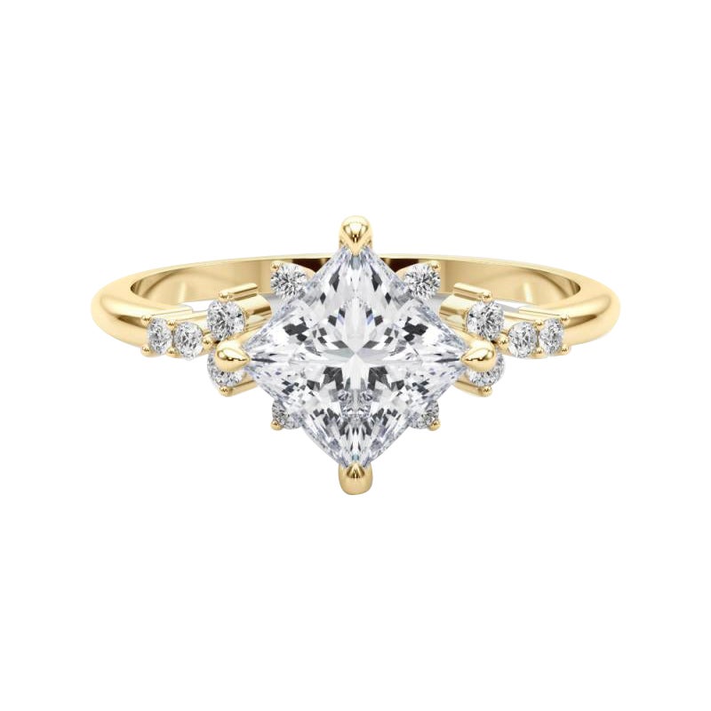 GIA 1.5ct Princess Cluster Diamond Dewdrop Solitaire Yellow Gold Diamond Ring