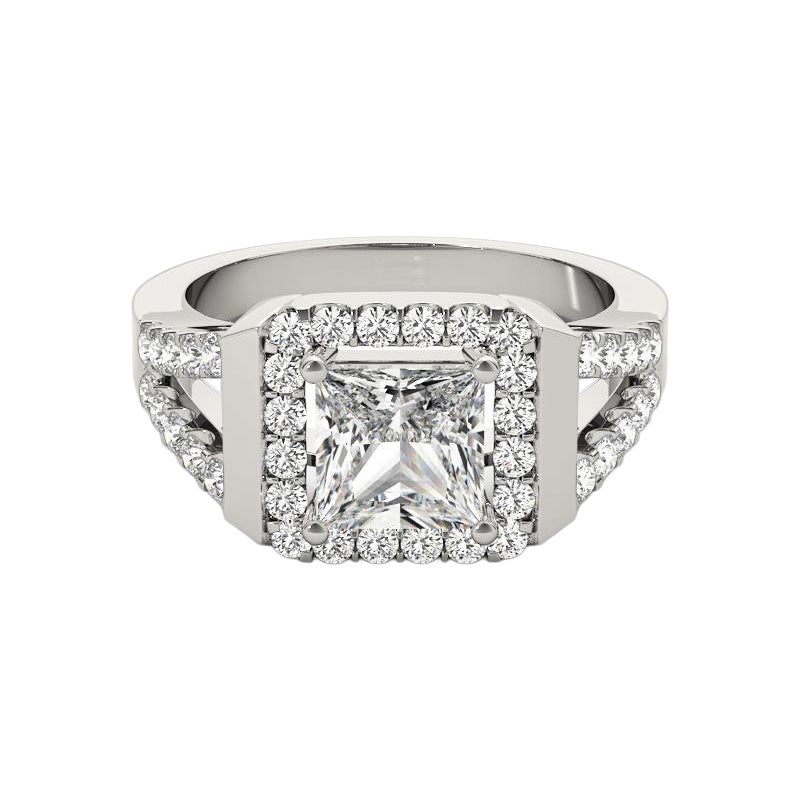 GIA 1,5ct Anello con diamante quadrato Princess Cushion Halo Cathedral in oro bianco 18K