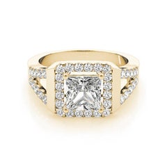 GIA 1.5ct Princess Square Cushion Halo Cathedral 18K Yellow Gold Diamond Ring