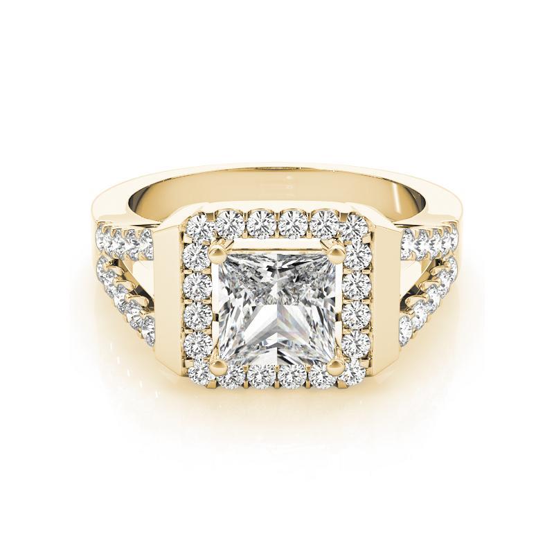 Taille princesse GIA 1.5ct Princess Square Cushion Halo Cathedral Bague diamant en or jaune 18K en vente