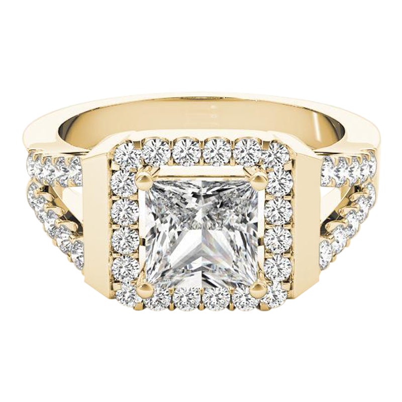 GIA 1,5ct Anello con diamante quadrato Princess Cushion Halo Cathedral in oro giallo 18K