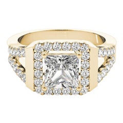 GIA 1.5ct Princess Square Cushion Halo Cathedral 18K Yellow Gold Diamond Ring