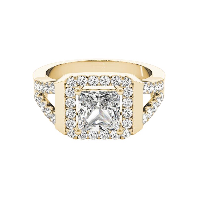 GIA 1,5ct Anello con diamante quadrato Princess Cushion Halo Cathedral in oro giallo 18K
