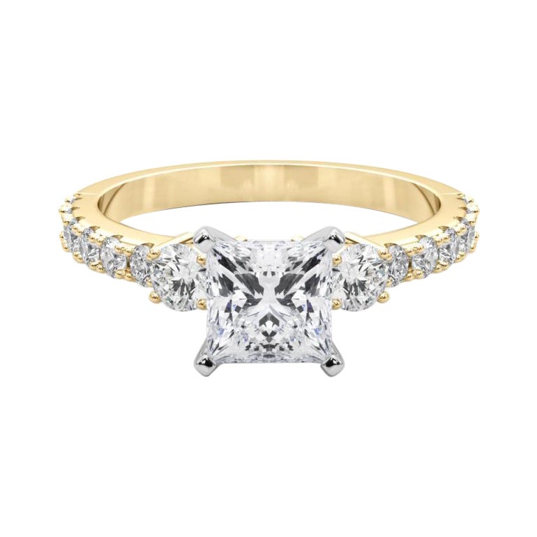 GIA 1,5ct Princesse à trois pierres avec tige en diamant Bague en or jaune 18K pour diamants