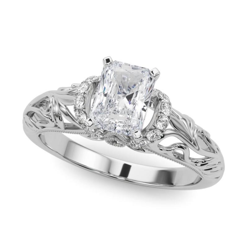 Taglio radiant GIA 1,5ct Anello di diamanti radianti Chevron Halo Floral Filigree in oro bianco 18K in vendita