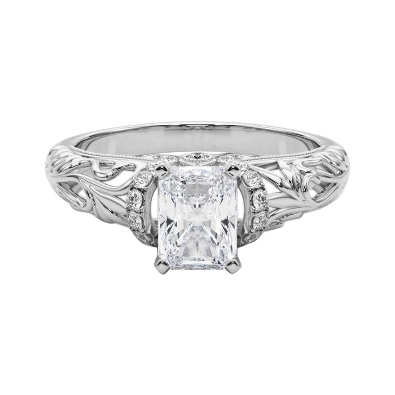 GIA 1,5ct Anello di diamanti radianti Chevron Halo Floral Filigree in oro bianco 18K