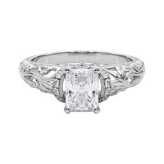 GIA 1.5ct Radiant Chevron Halo Floral Filigree 18K White Gold Diamond Ring