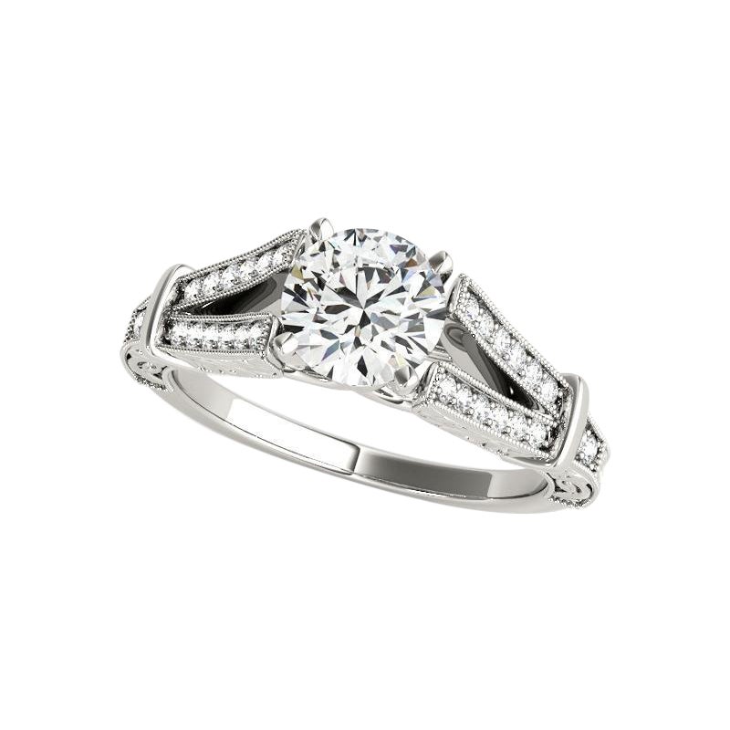 GIA Anillo de diamantes de oro blanco de 18 quilates con mango partido y grabado antiguo redondo de 1,5 quilates