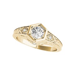 GIA 1.5ct Round Geometric Solitaire Bezel Vintage Yellow Gold Diamond Ring
