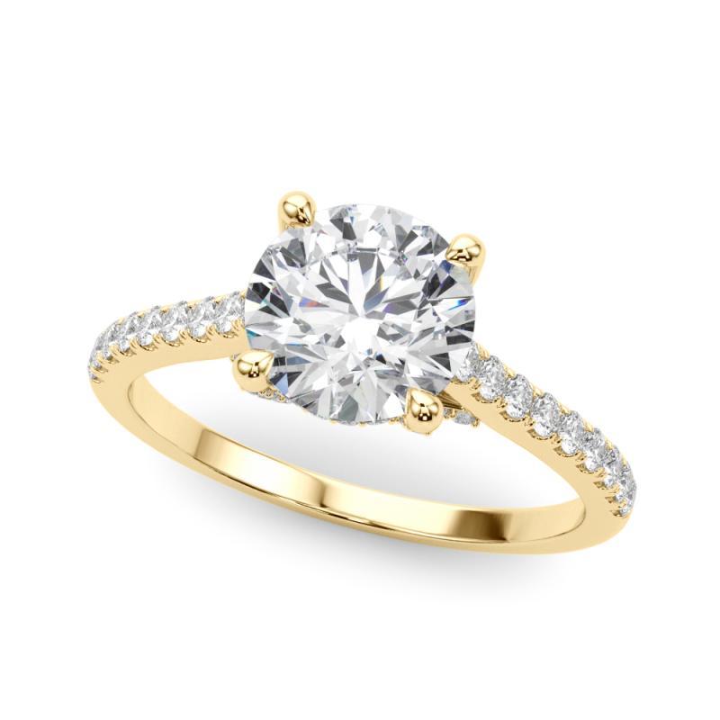 Taille ronde GIA 1.5ct Round Pave Hidden Diamond Cathedral Bague diamant en or jaune 18K en vente