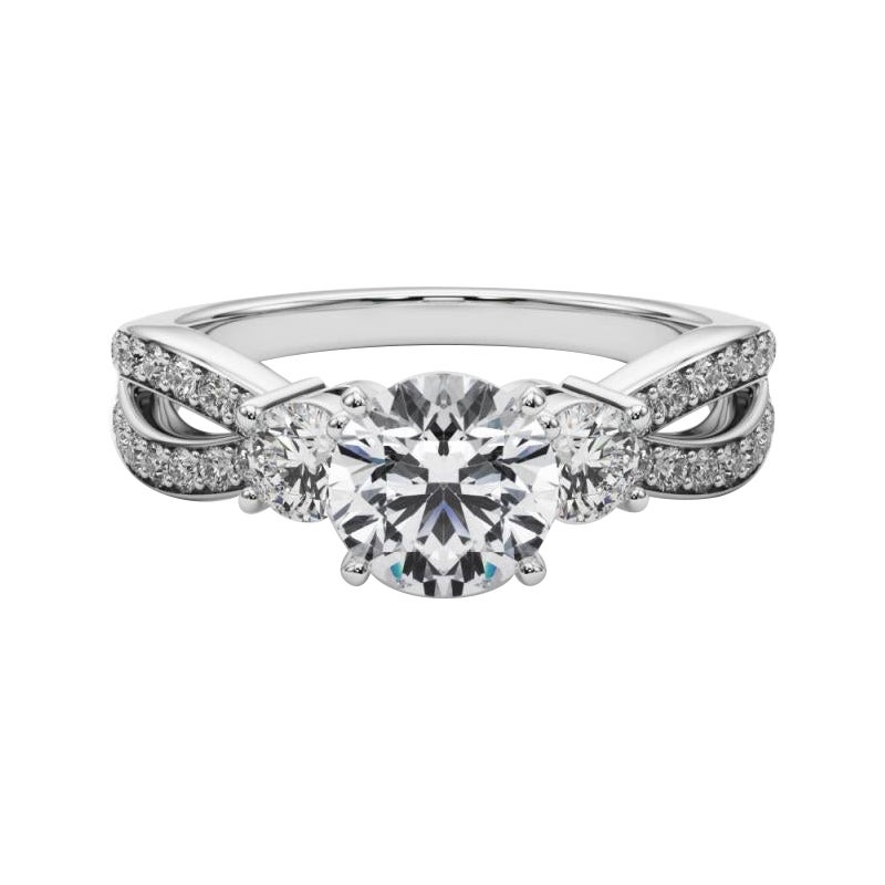GIA 1,5ct Anello di diamanti a tre pietre rotonde con gambo diviso e pavé in oro bianco 18 carati