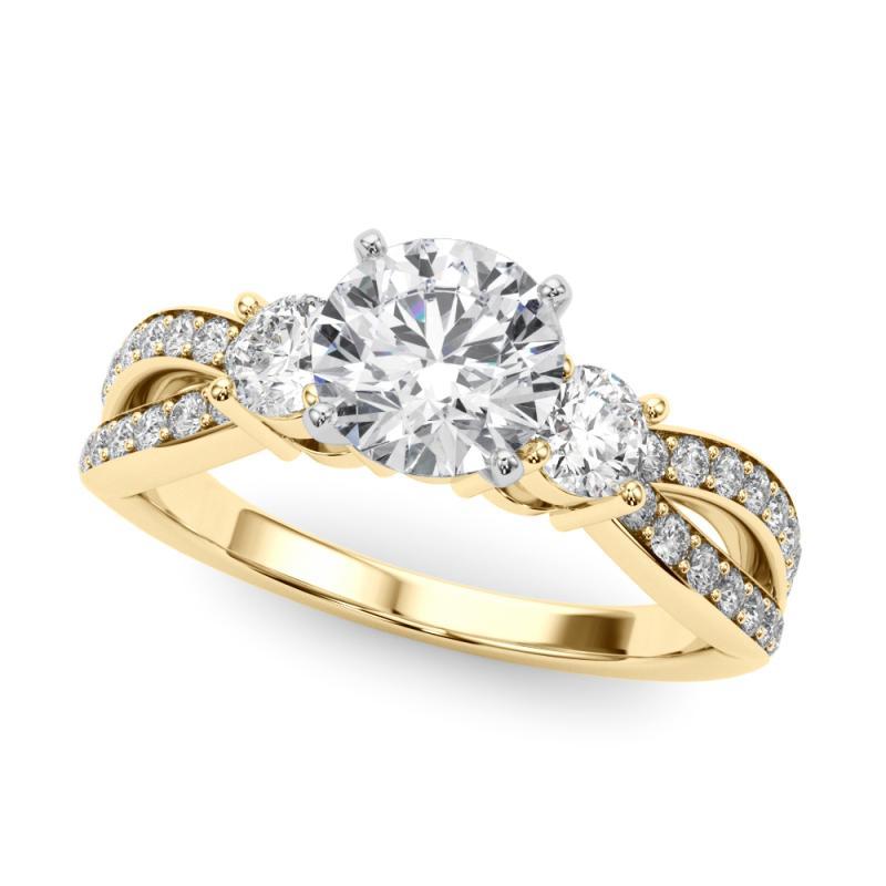 Taille ronde GIA 1.5ct Round Three-Stone Split Shank Pave 18K Yellow Gold Diamond Ring (bague en or jaune avec diamants) en vente