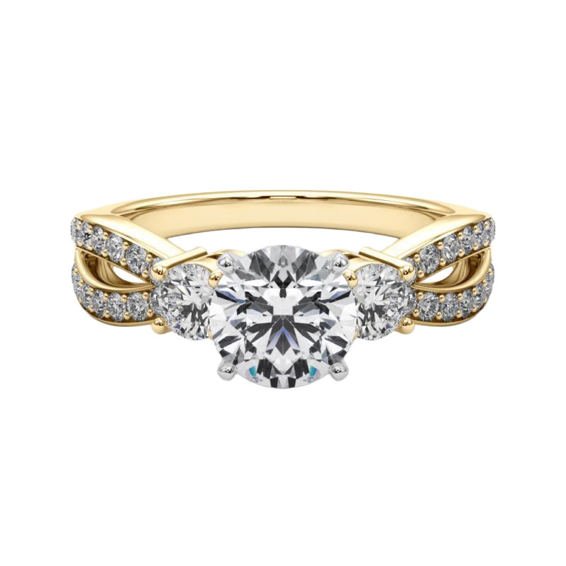 GIA 1.5ct Round Three-Stone Split Shank Pave 18K Yellow Gold Diamond Ring (bague en or jaune avec diamants)