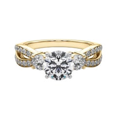 GIA 1.5ct Round Three-Stone Split Shank Pave 18K Yellow Gold Diamond Ring (bague en or jaune avec diamants)