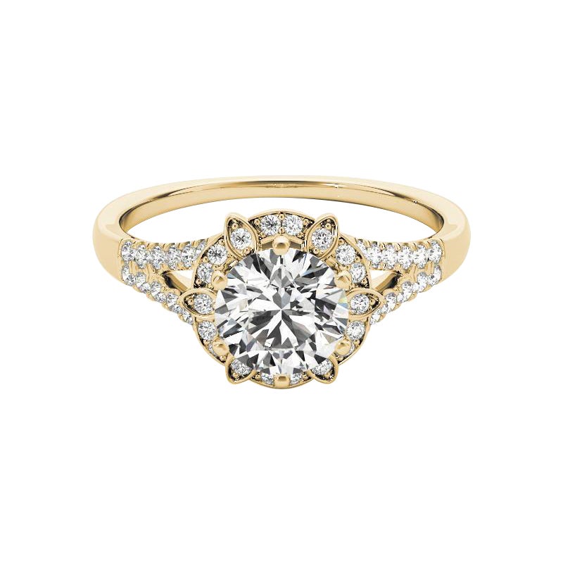 GIA 1.5ct Round Vintage Flower Halo Split Shank Yellow Gold Diamond Ring