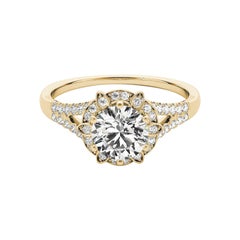 GIA 1.5ct Round Vintage Flower Halo Split Shank Yellow Gold Diamond Ring
