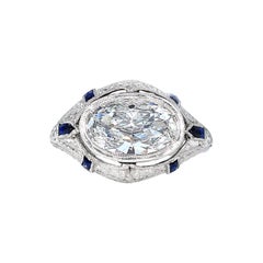 GIA 1.60 Carat Old Oval Diamond French Calibre Sapphire Engagement Platinum Ring