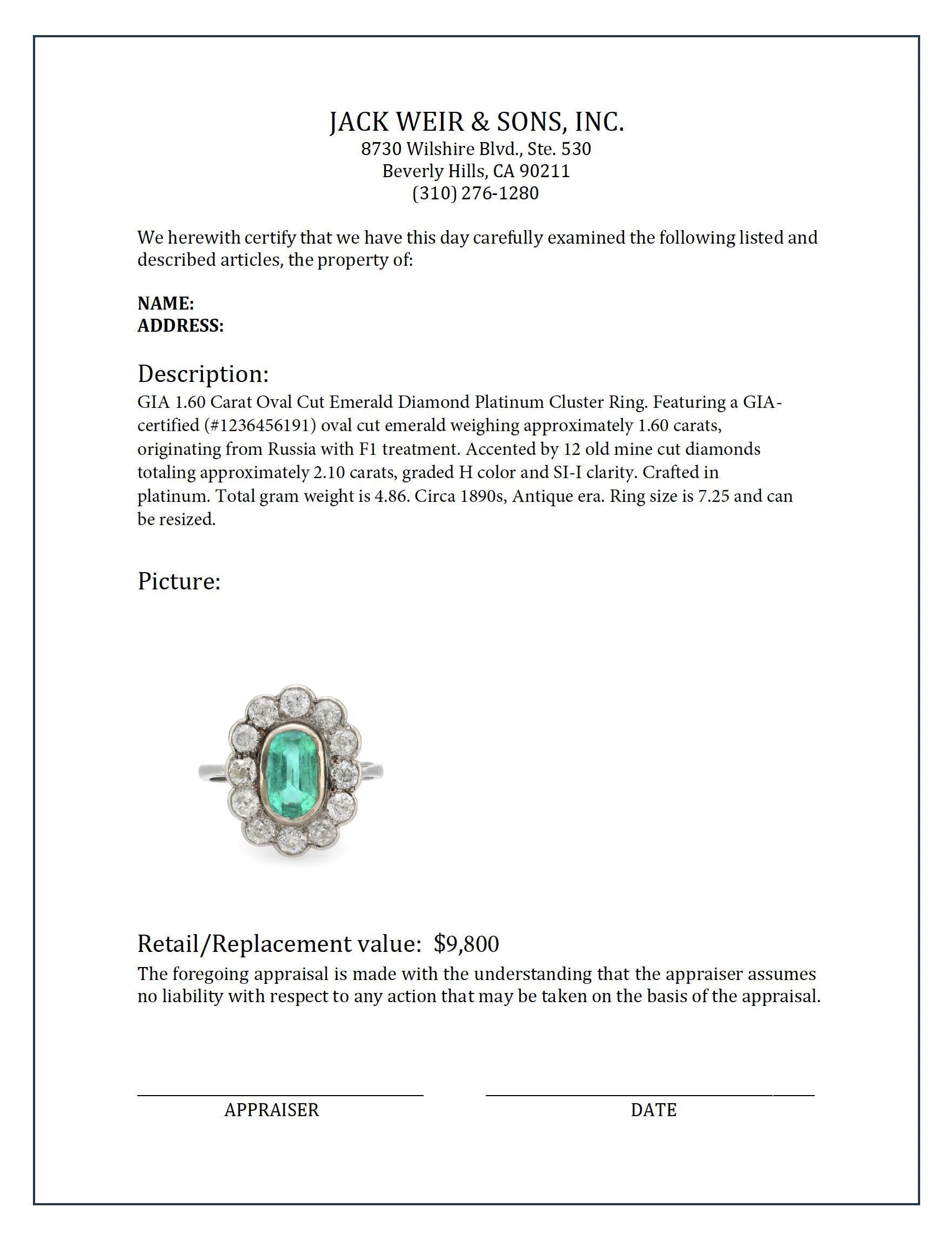 Platin-Cluster-Ring, GIA 1,60 Karat oval geschliffener Smaragd-Diamant, Platin im Zustand „Hervorragend“ in Beverly Hills, CA