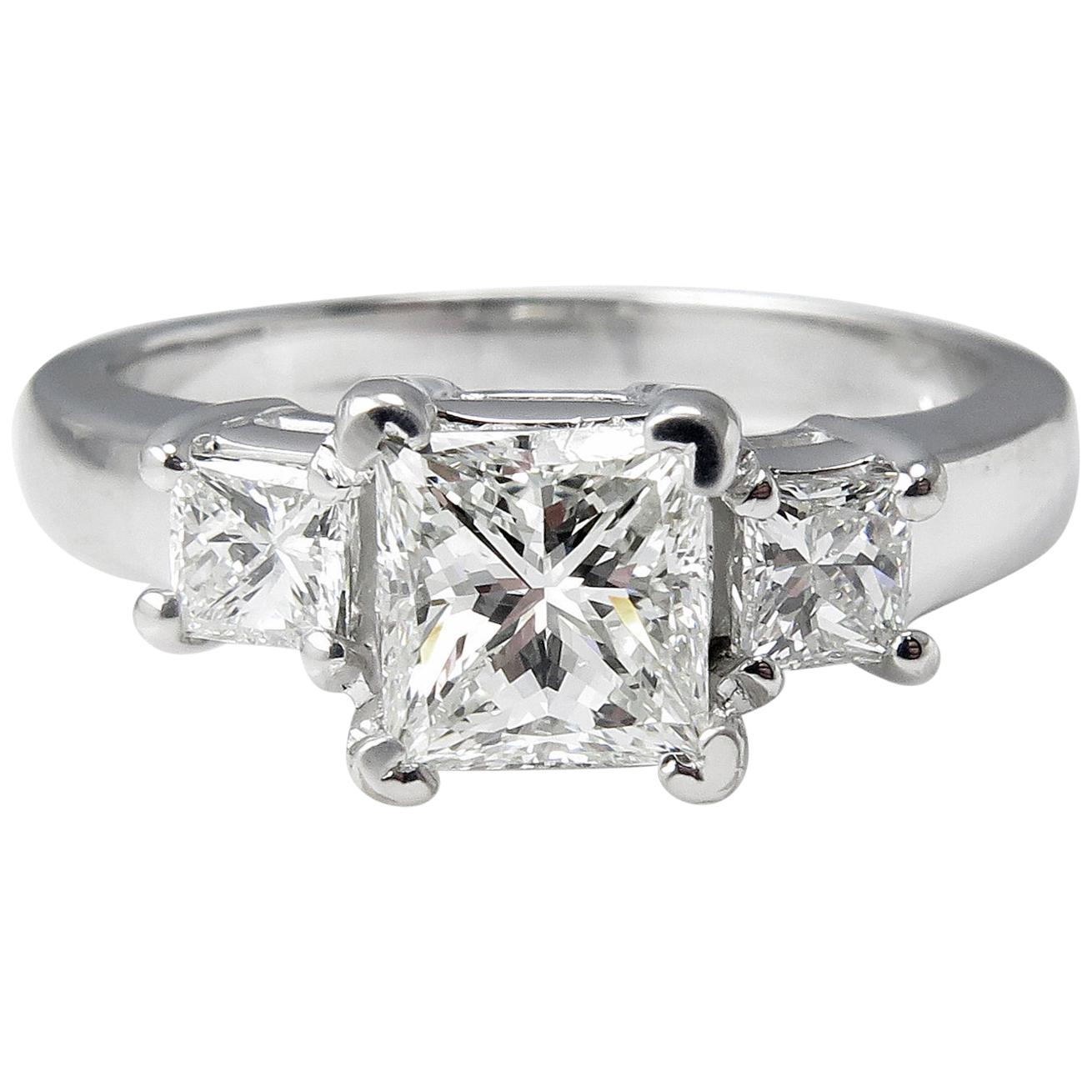 GIA 1.60 Carat Princess Diamond Three-Stone Engagement Wedding White Gold Ring